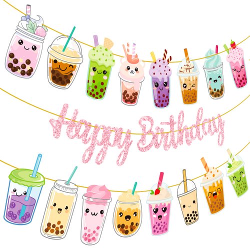 Bubble Tea Birthday Party Banners 3Pcs Boba Tea Birthday Party Decorations Pink Happy Birthday Banners Pearl Milk Tea Themed Party Banner Decorations for Bubble Tea Birthday Baby Shower Supplies