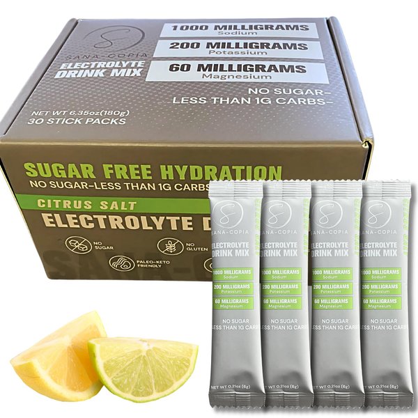 SANA-COPIA Electrolyte Drink Mix – Zero Sugar, Lemon Lime Citrus Flavor, 30 Single-Serve Hydration Packets – Keto Friendly, Vegan, Non-GMO, Sugar-Free Hydration Powder with Electrolytes & Minerals