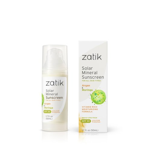 Zatik Naturals - Solar Mineral Sunscreen with Argan and Moringa, Vitamin and Mineral-Based Solar Protection, Vegan, Non-GMO, pH Balanced, FREE from Gluten, Soy, Alcohol. 1.7 fl oz, 50 ml