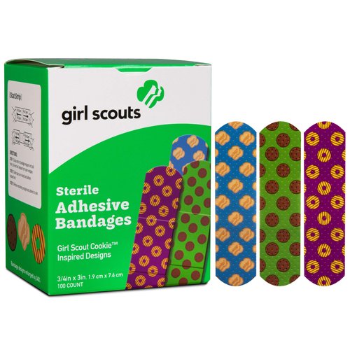 oDukal Girls Scouts Adhesive Bandages for Kids | 3/4"x3" Colorful and Fun Adhesive Bandages for Girls | Assorted Designs Kids Bandages | Bulk Pack of 100 Cute Bandages