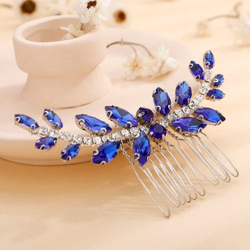 Teyglen Blue Rhinestone Wedding Hair Comb Bridal Crystal Hair Side Comb Handmade Crystal Hair Pieces Bridal Headpieces Hair Accessories for Women Bride Girls (Blue)