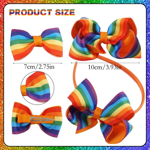 4Pcs Rainbow Hair Headband With Hair Clips Set Gay Pride Day Rainbow Bow Hairpin Candy Grosgrain Ribbon Hair Barrettes Hair Accessories for Girls Women Parades Celebrations Decorations