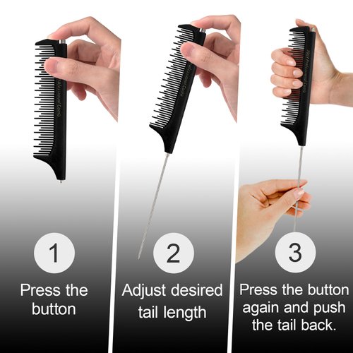 Jurrissa Rat Tail Combs for Parting,Protable Retractable Rat Tail Comb-Parting Combs for Hair Stylist-Stainless Steel Pin Tail Fine Tooth Teasing Comb Heat Resistant Anti Static(Black)
