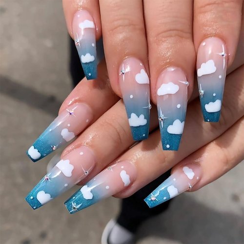 MISUD Long Coffin Press on Nails Blue Fake Nails Clouds False Nails Glossy Glue on Nails Rhinestone Ballerina Artificial Nails Summer Acrylic Nails with Design 24pcs