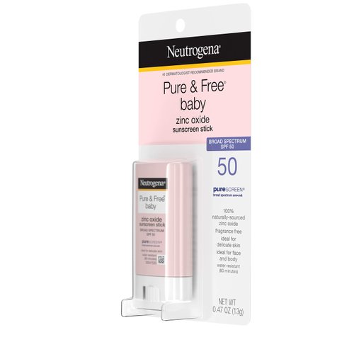 Neutrogena Pure & Free Baby Mineral Sunscreen Stick with Broad Spectrum SPF 50 & Zinc Oxide, Water-Resistant, Hypoallergenic, Paraben-, Dye- & PABA-Free Baby Face & Body Sunscreen, 0.47 oz