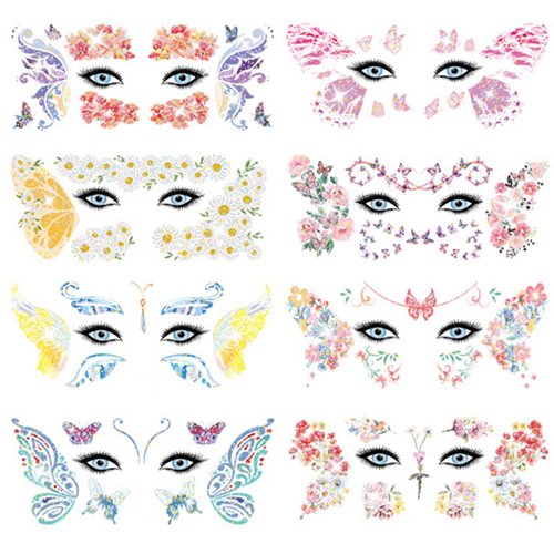 FTVLTAT 8 Sheets Glitter Flower Butterfly Face Temporary Tattoo Stickers for Women Girls, Shiny Eye Makeup Decoration Waterproof Fake Tattoo, Garden Fairy Princess Style Removable Party Accessories