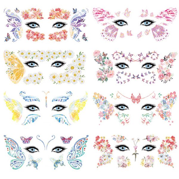FTVLTAT 8 Sheets Glitter Flower Butterfly Face Temporary Tattoo Stickers for Women Girls, Shiny Eye Makeup Decoration Waterproof Fake Tattoo, Garden Fairy Princess Style Removable Party Accessories