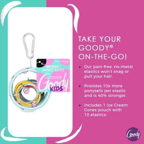 GOODY Kids Ouchless Elastics with Mini Pouch - 11 Count, Ice Cream Print - for All Hair Types - Hair Accessories for Women and Girls