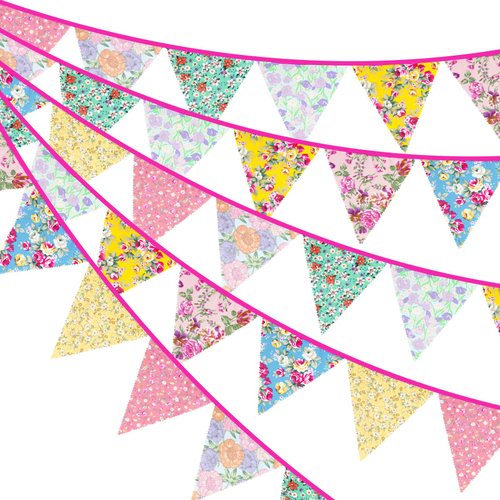 jijAcraft 39Ft Triangle Bunting Banner, 42Pcs Tea Floral Party Bunting Cotton Fabric Flags Pennant Garlands for Birthday Party, Wedding, Baby Shower, Outdoor and Home Decorations (Floral)