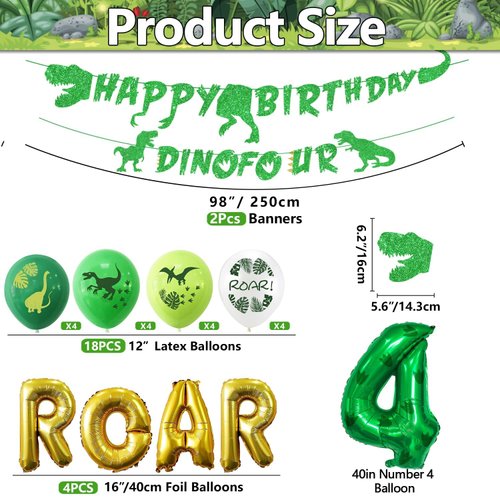 Dino Four Birthday Party Decoration, 4th Dinosaur Birthday Decorations, Dino Four Banner, Roar Balloons, Four Birthday Decorations for Boys Kids 4th Dinosaur Party Supplies