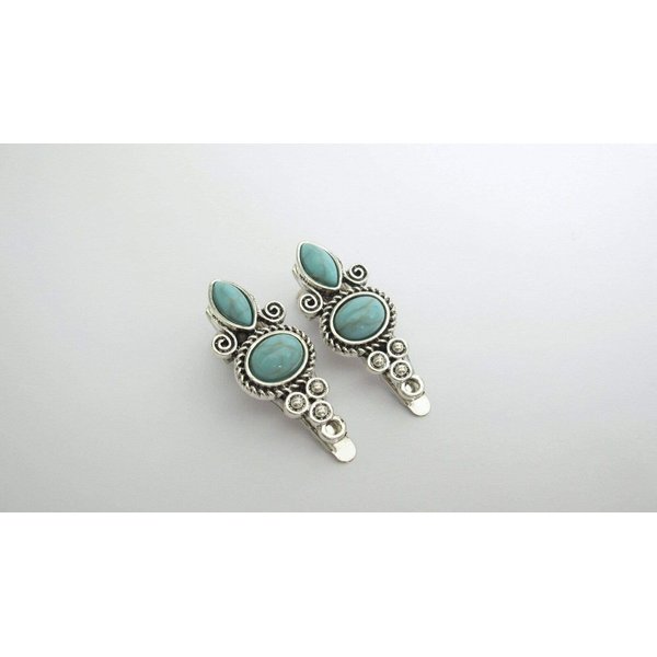 Generic Two small turquoise blue stone silver design metal alligator hair clip fine