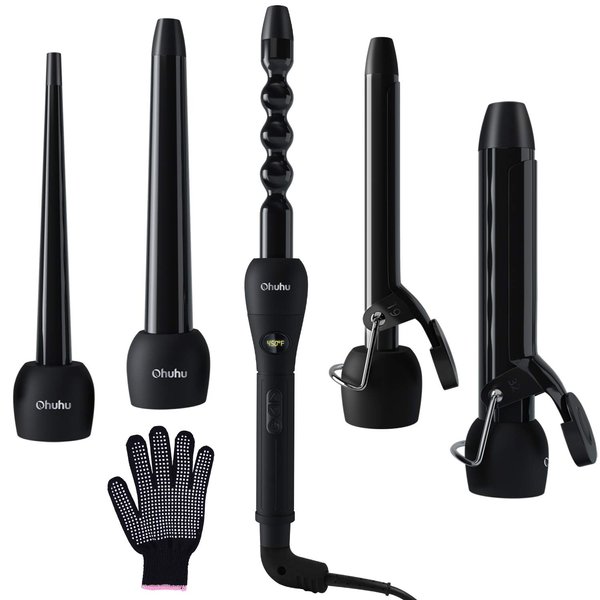 5 in 1 Curling Iron Wand Set, Ohuhu Instant Heat Up Hair Curler with 5Pcs 0.35 inch to 1.25 inch Interchangeable Ceramic Barrels and Heat Protective Glove, LCD Temperature Display Christmas Gift