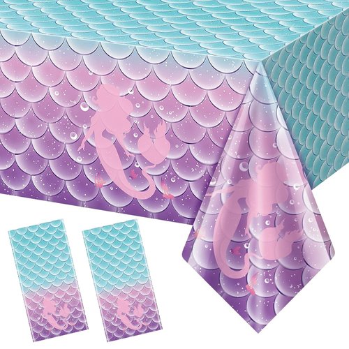 Siencooray 2 Pack Mermaid Birthday Tablecloth for Birthday Party Decoration, 54" x 108" Plastic Disposable Rectangle Table Cover for Kids Girls Party Supplies