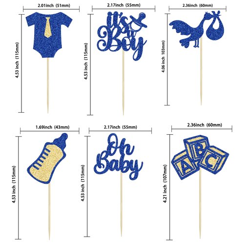 Gyufise 24Pcs Baby Shower Cupcake Toppers Glitter Tie Onesie Baby Bottle Oh Baby Cupcake Picks It's a Boy Cake Decorations for Baby Shower Gender Reveal Kids Boys Birthday Party Supplies Deep Blue