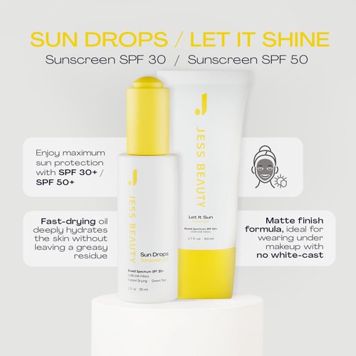 JESS BEAUTY | Sun Safe Face Sunscreen Skin Care Set SPF 50+ 1.7 fl. oz Sun Drops SPF 30+ 1 fl. oz Skincare Sunscreen for Face