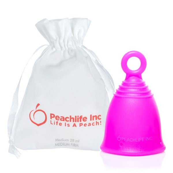 Peachlife Ring Menstrual Cup with Loop Pull Tab Handle - Silicone Reusable for 10 Years - Medium Size, Medium Firm Peachcup