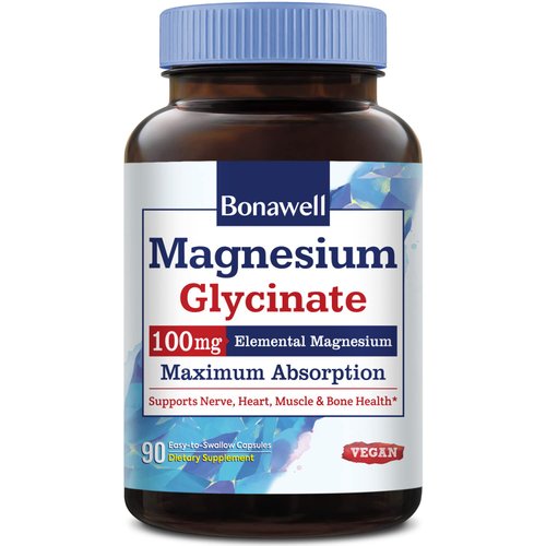 Bonawell Magnesium Glycinate, Chelated Magnesium Supplement, Maximum Bioavailability & Absorption, No Gluten, 100mg Elemental Magnesium, Nerve, Heart, Muscle Health & Relaxation, 90 Vegan Capsules