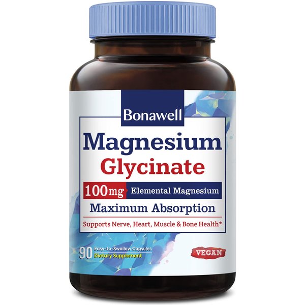 Bonawell Magnesium Glycinate, Chelated Magnesium Supplement, Maximum Bioavailability & Absorption, No Gluten, 100mg Elemental Magnesium, Nerve, Heart, Muscle Health & Relaxation, 90 Vegan Capsules