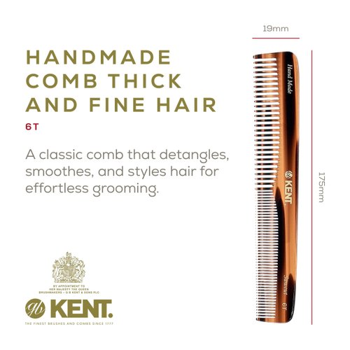Kent 6T Fine and Wide Tooth Hair Comb - Handmade Styling Comb for Hair Care, Barber Combs and Beard Combs - Grooming Hair Comb for Men, Women and Kids-Hair Care for Wet or Dry, Medium to Thick Hair