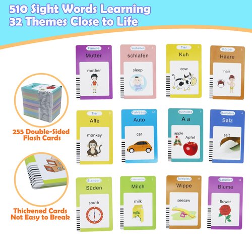 MAYAPHILOS German and English Bilingual Pocket Speech with 510 Sight Words, German Language Learning Toys for Kids, Audible Talking Flashcards, Toddlers' Sensory Preschool Educational Birthday Gifts