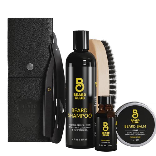 Beard Club Beard Care Kit - Style, Moisturize and Grow a Healthier Beard - Straight Edge Razor, Beard Shampoo, Cedar Beard Balm and Beard Oil, Boar Bristle Beard Brush - Gift Kit