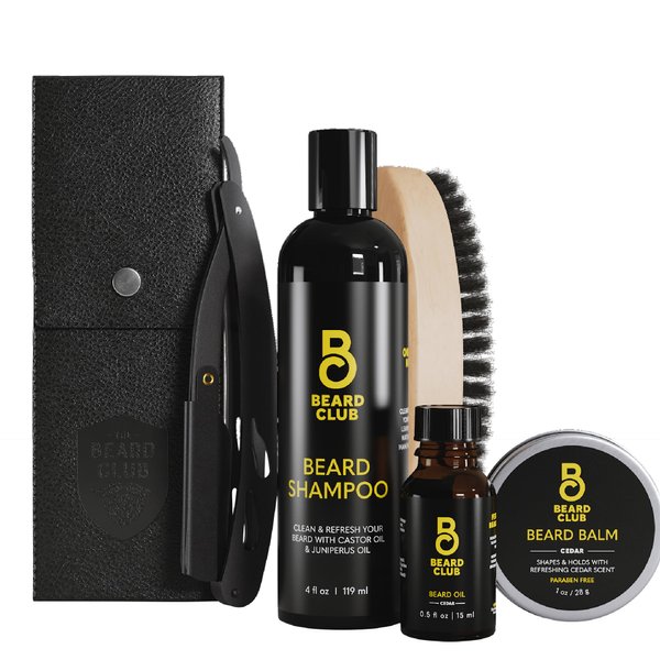 Beard Club Beard Care Kit - Style, Moisturize and Grow a Healthier Beard - Straight Edge Razor, Beard Shampoo, Cedar Beard Balm and Beard Oil, Boar Bristle Beard Brush - Gift Kit