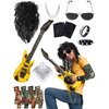 Mepase 12 Pcs 80s Rocker Costume for Men Including Hippie Wig, Sunglasses, Pants Chain, Bracelet, Headband, Tattoo Sleeve, Biker Glove and Guitar Props Punk Party Accessories