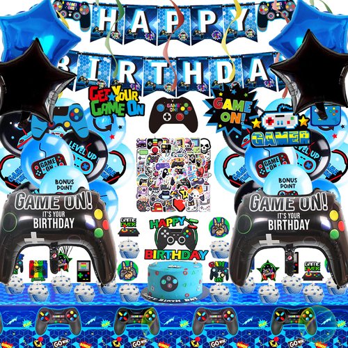 PLHDOR Video Game Birthday Party Decorations,Gaming Happy Birthday Banner Latex and Foil Gamer Balloons TableCloth Stickers Party Supplies for Boys Adults