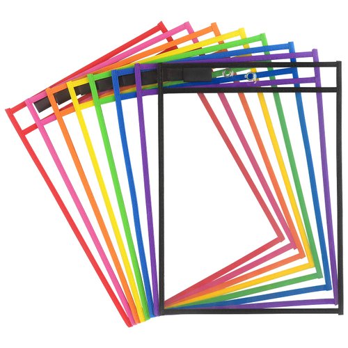 Tamaki 8 Pack Dry Erase Pockets Sleeves with Rings, 10 x 14 Inch Ticket Holders Clear Plastic Sleeves Sheet Protectors for Teacher Classroom Sleeves, 8 Assorted Colors