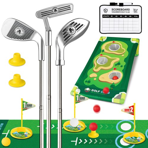 Liberry Kids Golf Set for Boys Girls 3 4 5 6 Years Old, Retractable Toddler Golf Clubs Set with Cornhole Board, Mat & Scorecard, Outdoor Indoor Sports Toy Birthday Gift