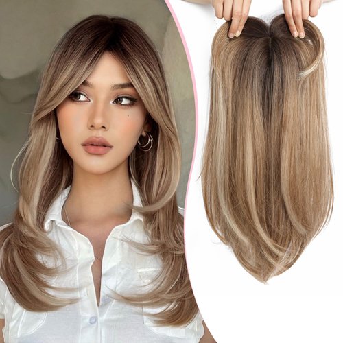 Megito Long Wavy 18inch Hair Topper Big Base Cover Thinning Hair Clip in Hair Toppers for Women Fiber Wiglets with Fringe Ombre Brown Color
