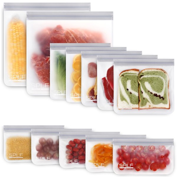 SPLF 12 Pack Dishwasher Safe Reusable Storage Bags(5 Reusable Sandwich Bags, 5 Reusable Snack Bags, 2 Reusable Gallon Bags), Extra Thick Freezer Bags Leakproof Silicone and Plastic Free Food Lunch Bag