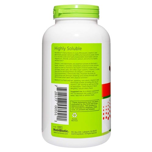 NutriBiotic - Cherry Electro-C Vitamin C & Electrolyte Powder, 16 Oz | 850 Mg Vitamin C Per Serving | Effervescent Electrolyte Recharge | Buffered & Highly Soluble | Non-GMO & Gluten Free