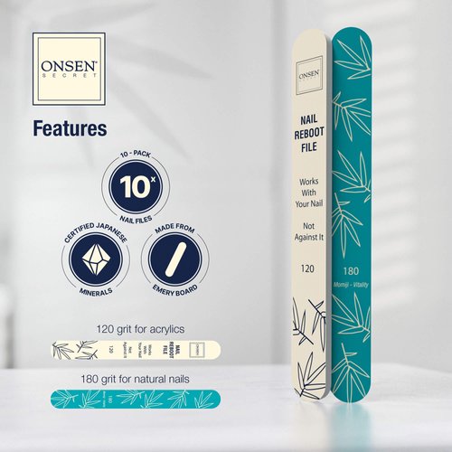 Onsen Secret Japanese Nail File - Professional 10-Pack Nail Files, Double Sided Natural & Acrylic Nail Filers - 120/180 Grit - Disposable, Salon Smooth | Best Onsen Nail File for Shiny Nails