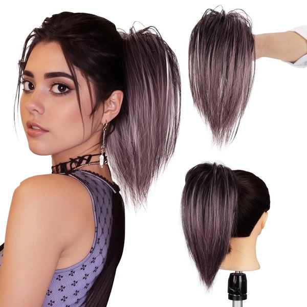 Netoe Ponytail Extension 10" Short Claw Clip in Pony Tails Hair Extensions Clip on Ponytails for Women Messy Bun Hair Piece Synthetic Clip in Hair Extensions for Girls Daily wear(Black & Pink)