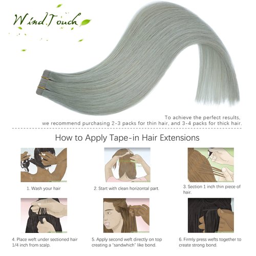 WindTouch Tape in Hair Extensions Silver Gray 100% Human Hair Extensions Straight 20 Pcs 20Inch #gray 50g