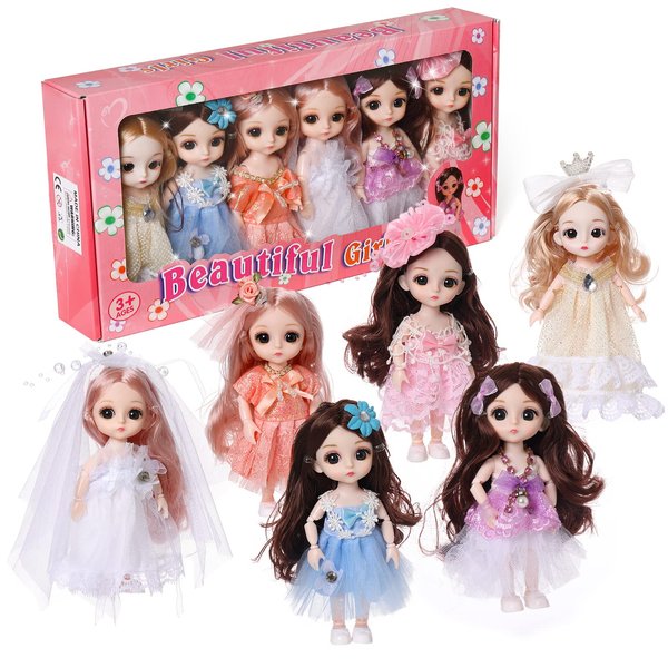 Vueos Dolls Set with Small Princess Dolls for Girls - Princess Toys Dolls for Doll House - 6 Pcs Small Princess Figures with Tiaras, Hair, Shoes, Accessories - 6.5” Size Mini Dolls Set