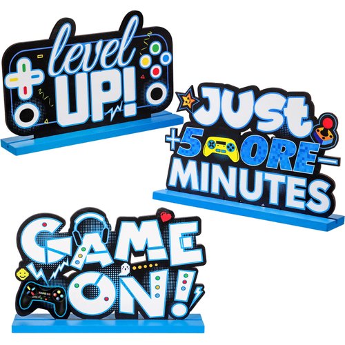 3 pcs Video Games Party Decorations Wood Table Level up Birthday Decorations Gamer Party Centerpieces Game Party Decorations Game on Pixelated Table Sign for Boys Kids Gaming Birthday Party(Blue)