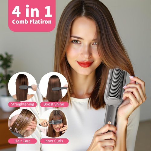 PathVenture Hair Straightener Brush,2000 Ionic Hair Comb Straightening Brush for Women with 5 Temps 20s Fast Heating Dual Voltage,Anti-Scald Flat Iron Comb for Curly Hair-Gray