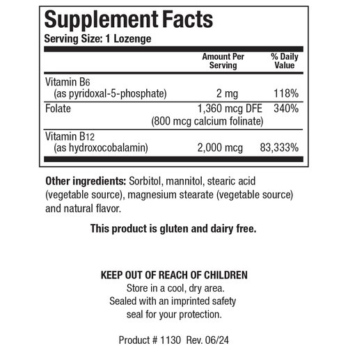 Biotics Research B12-2000 2000 mcg Vitamin B12 + Folate + B6, Natural, Delicious Berry Flavor, Dissolves Easily. 60 Lozenges