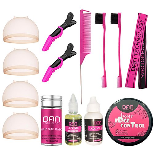 DAN Technology Wig Installation Kit - Wig Glue, Remover, Hair Wax Stick, Edge Control, Cap, Comb, Lace Melting Band, Edge Brush, Alligator Clips