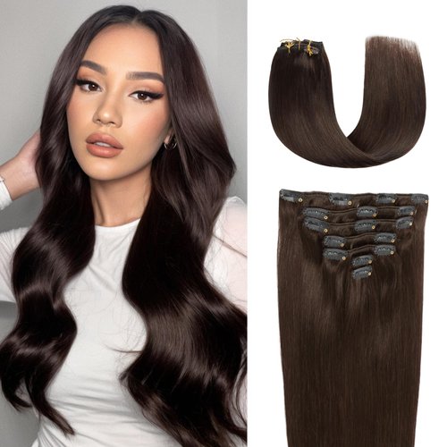JESSBO Hair Extensions Real Human Hair Clip ins Dark Brown Real Hair Extensions Clip ins Brown Human Hair Extensions For Women Straight Double Weft 16 inch 7pcs 120g