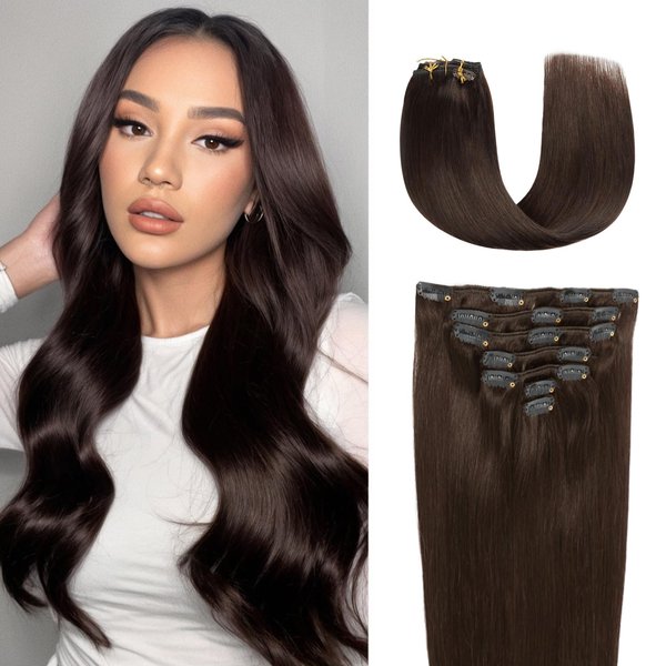 JESSBO Hair Extensions Real Human Hair Clip ins Dark Brown Real Hair Extensions Clip ins Brown Human Hair Extensions For Women Straight Double Weft 16 inch 7pcs 120g