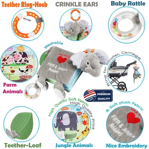 Elephant Touch and Feel Baby Books Toys 0-6 Months, Loveys Crinkle Books for Babies,Infant Toys 6-12-18 Months 1-2 Year Old, Baby Shower Christmas Gifts Soft Cloth Book Teething Rattle for Boys Girls