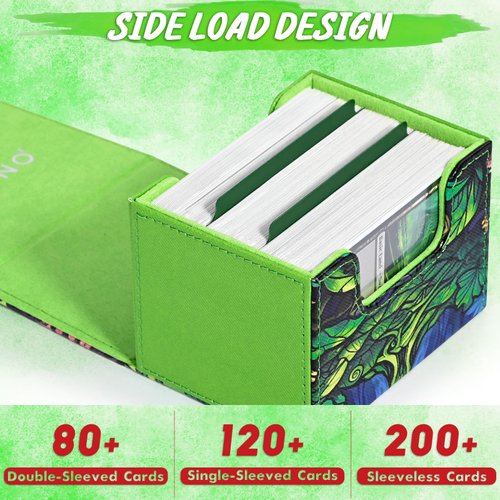 UAONO Card Deck Box for MTG, Trading Card Storage Box Holds 120+ Sleeved Commander Deck, PU Leather Card Box Suits TCG Magic Cards with 2 Dividers (Green,Tree)