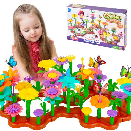OSDUE Flower Garden Building Toys, Girl Toys Build a Garden, 144 PCS Flower Pretend Gardening Gift for Kids, Floral Arrangement Playset for Age 3 4 5 6 7 Year Old Child Educational Activity (144PCS)