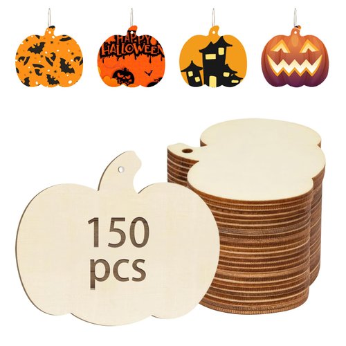 150 PCS Thanksgiving Pumpkin Wooden Cutouts, Unfinished Fall Wooden Ornaments DIY Blank Unfinished Pumpkin Wood Ornaments for Halloween Fall Thanksgiving Party DIY Craft Decoration Supplies