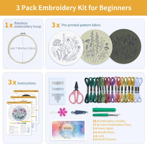 ETSPIL 3 Sets Embroidery kit for Beginners Adults，Learn 33 Different Stitches DIY Kits ，Includes Stamped Flower Pattern, Hoop, Color Threads,Tools,Easy to Follow Instruction & Video… (Flower A3)