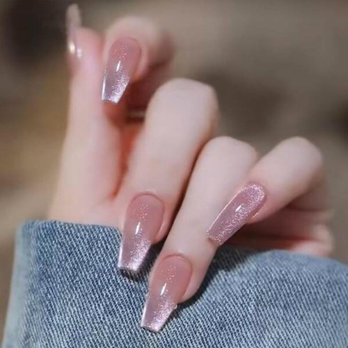 Long Coffin Press on Nails Light Pink Cat Eye Fake Nails Long Coffin False Nails with Gradient & Glitter Design Glossy Full Cover Glossy Acrylic Nails Reusable Stick on Nails for Women and Girls 24Pcs