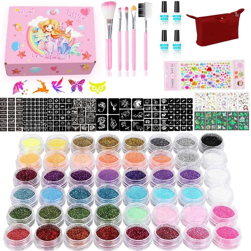 Glitter Tattoos Kit 48 Colors Waterproof Temporary Tattoos with 203 Stencils, 5 Brushes 4 Glue, Body Nail Art, Body Glitter Festival Party (48 Colors)